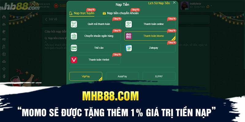 Sử dụng giao dịch bằng ví Momo sẽ được tặng thêm 1% giá trị tiền nạp