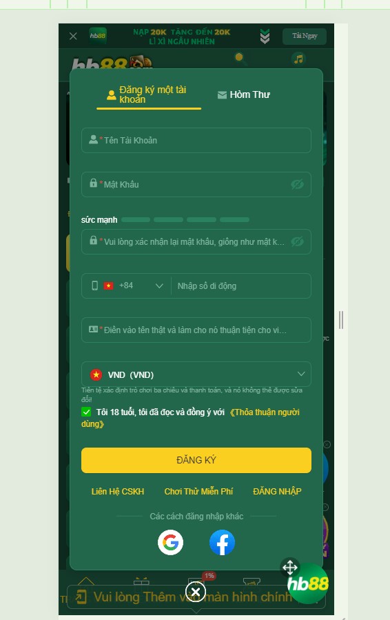 Đăng ký tài khoản HB88 trên di động